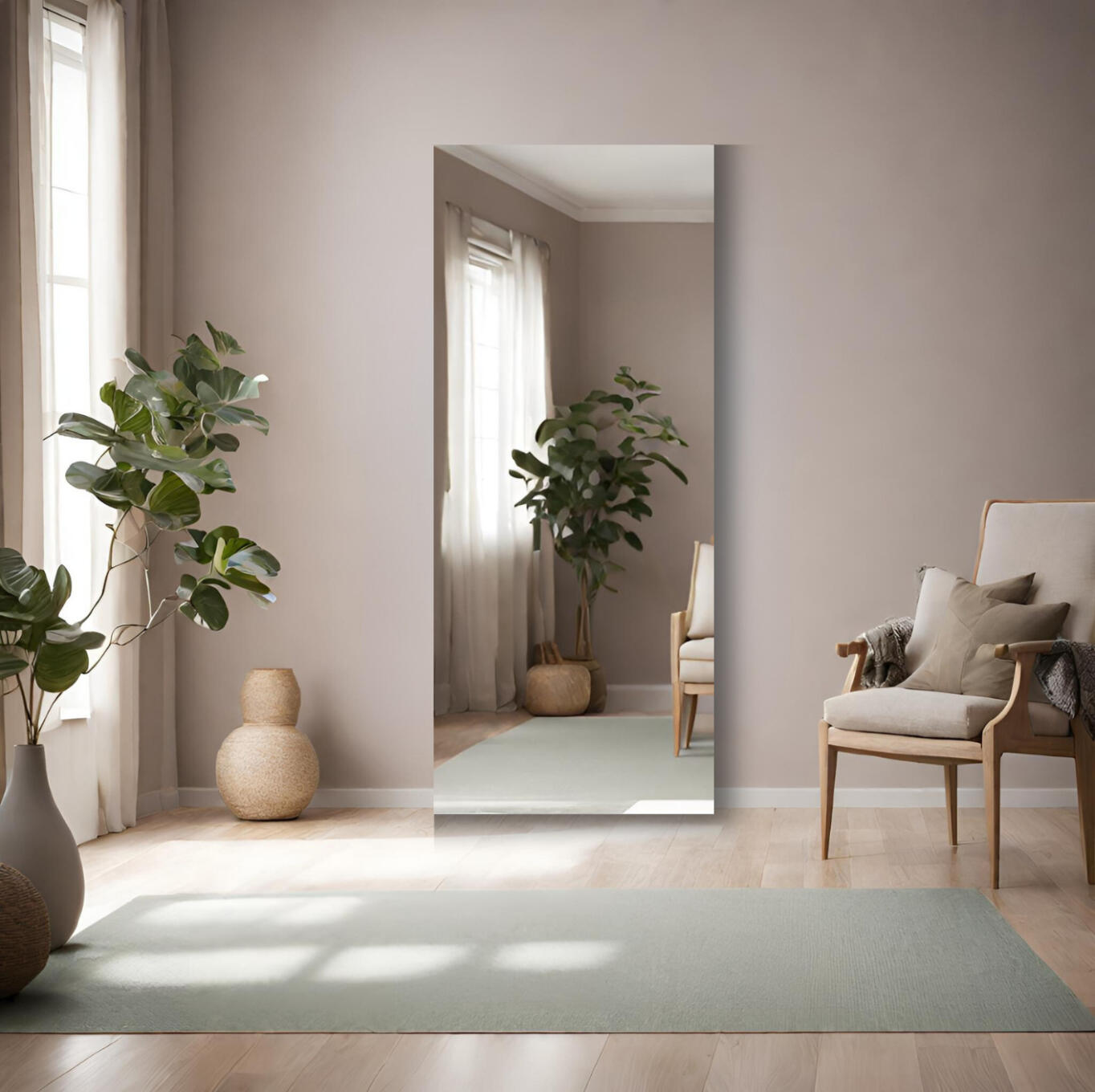 Staande spiegel verzilverd in een woonkamer geplaatst