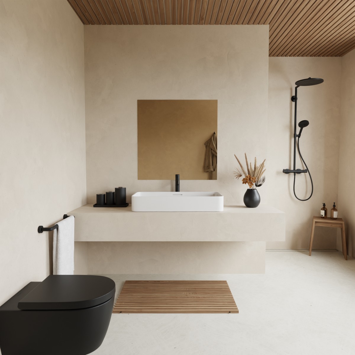 Brons gekleurde badkamerspiegel boven wastafel in moderne badkamer