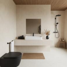 Design spiegel grijs gekleurd aan de muur in strak interieur