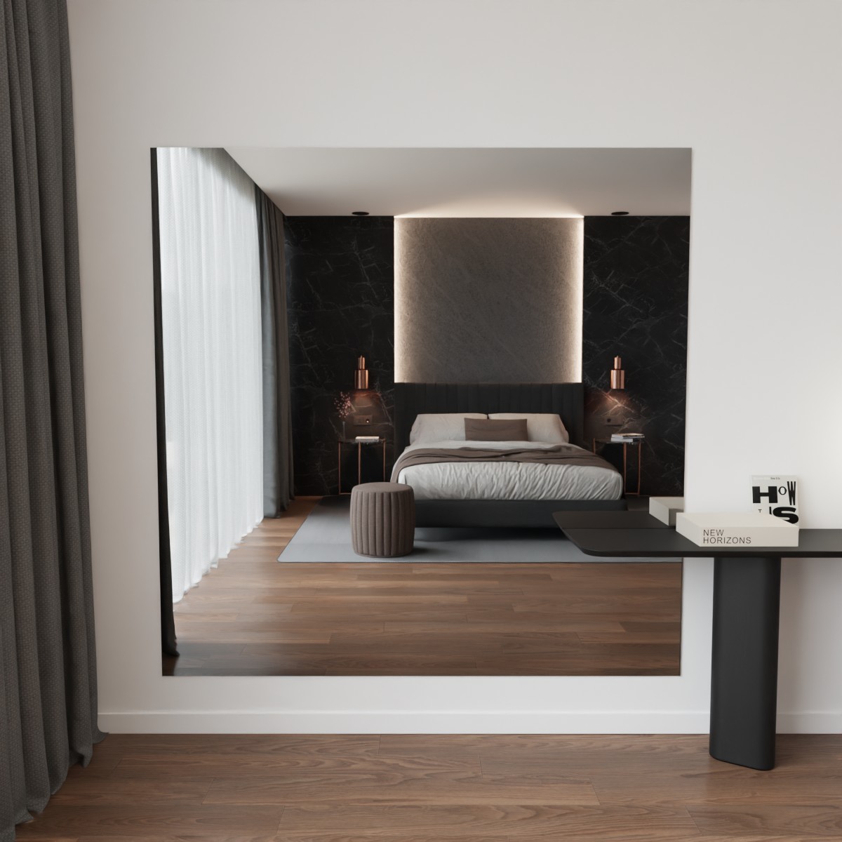 Grote grijs gekleurde spiegel aan de muur in modern interieur