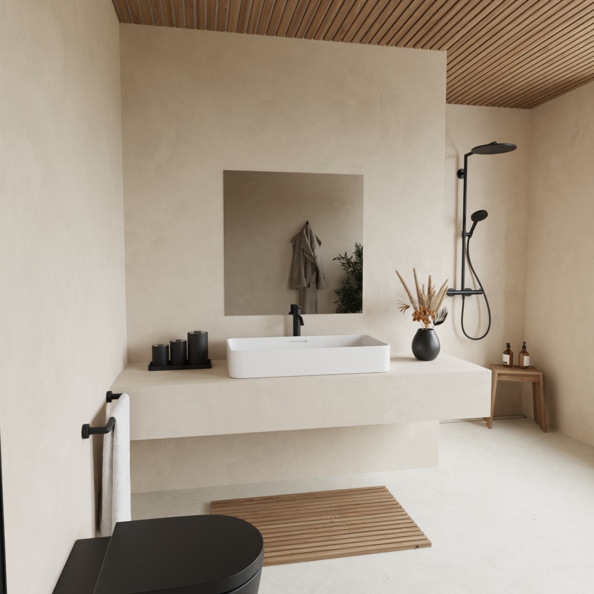 Grijs gekleurde plakspiegel aan de muur in strak interieur