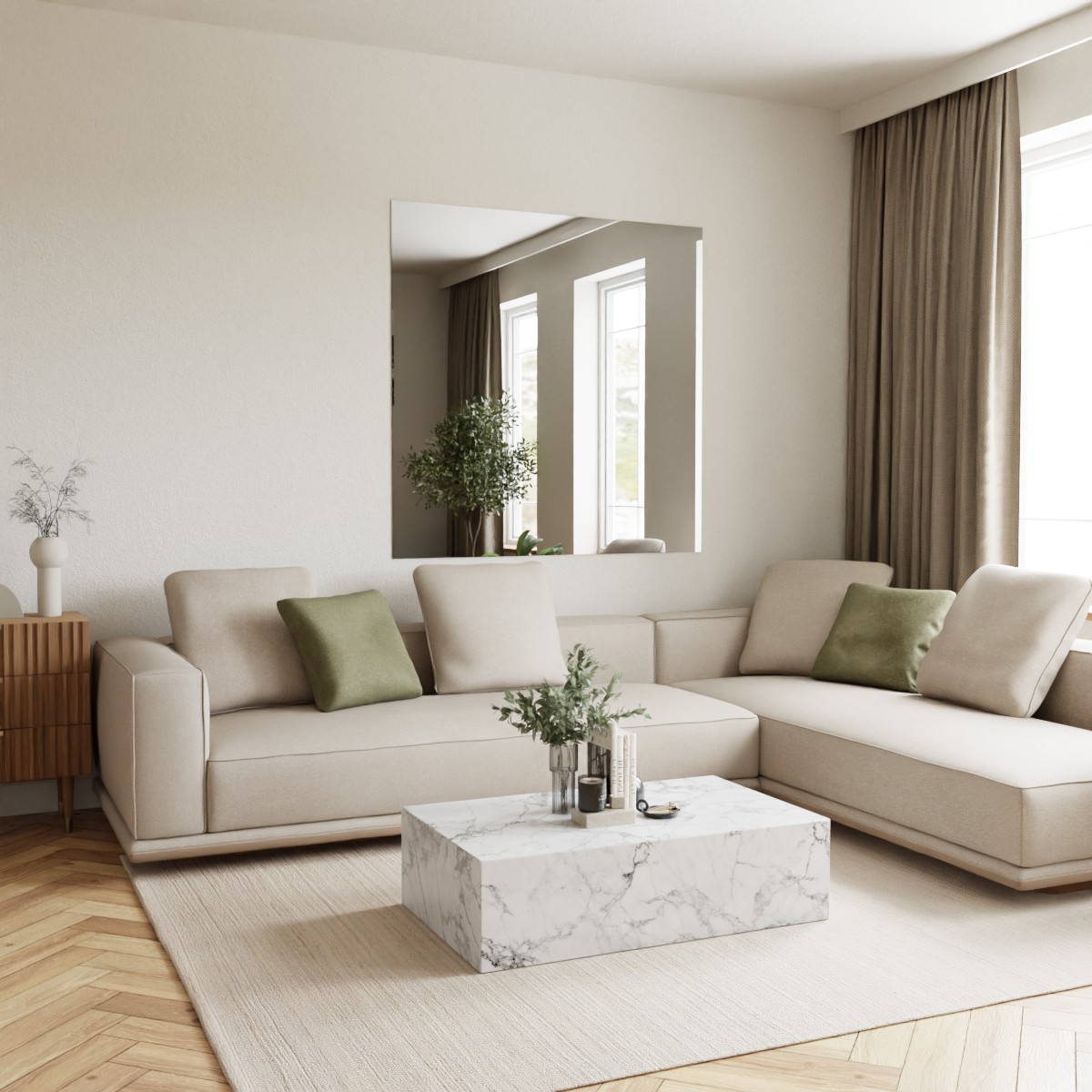 Grijs gekleurde spiegel aan de muur in lichte woonkamer