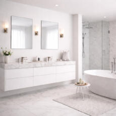 rechthoekige anticondensspiegels in een lichte badkamer