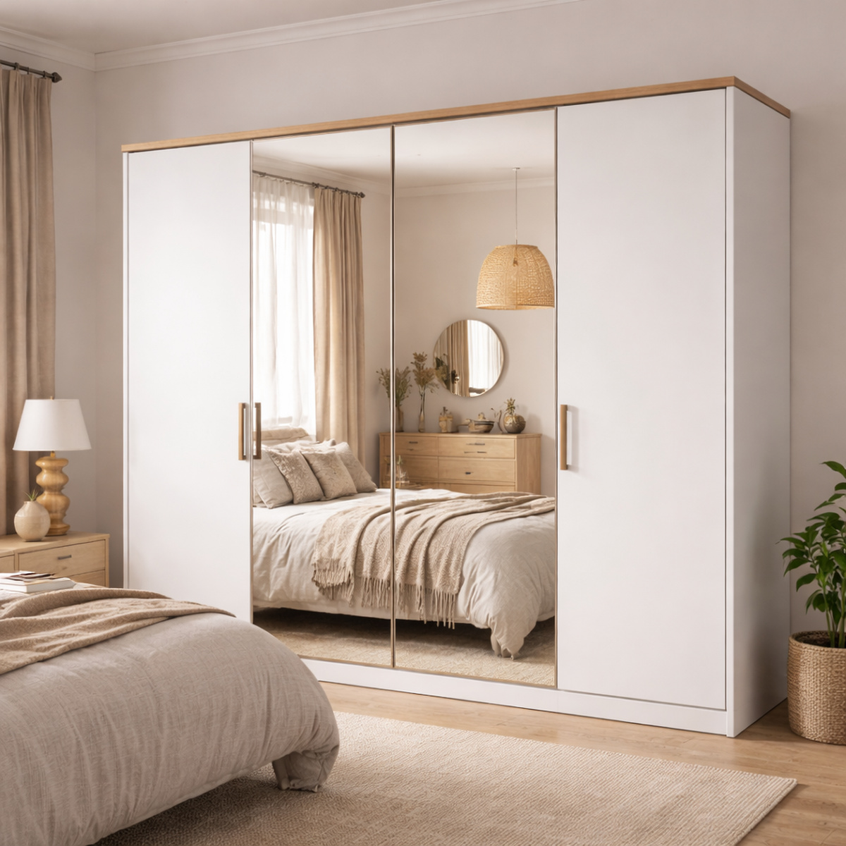 Dubbele kledingkast met centrale spiegels in een lichte slaapkamer.