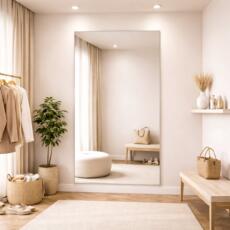 Paskamerspiegel in een beige paskamer