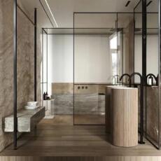 Moderne glazen douchewand in een minimalistische badkamer