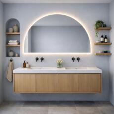 Halfronde spiegel met rondom indirecte verlichting in een badkamer