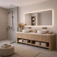 Rechthoekige spiegel met indirecte verlichting rondom in een lichte badkamer