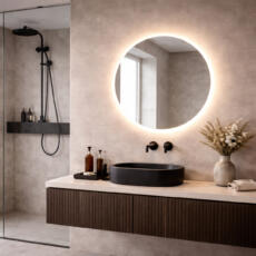 Ronde spiegel met indirecte led rondom in een moderne badkamer