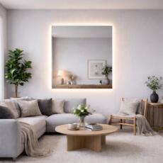 Vierkante spiegel met verlichting in een lichte woonkamer