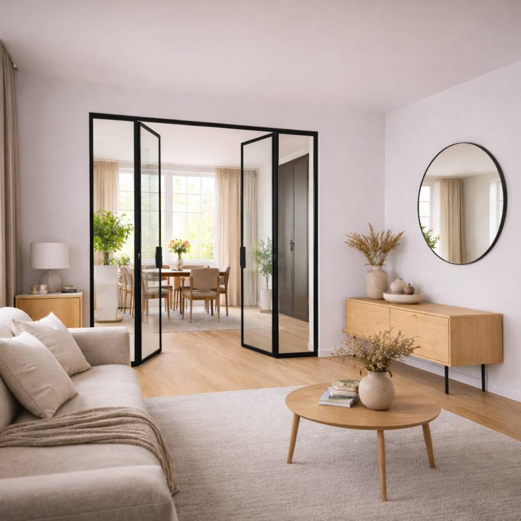 Homepage foto van een woonkamer met glazen binnendeuren en een ronde spiegel