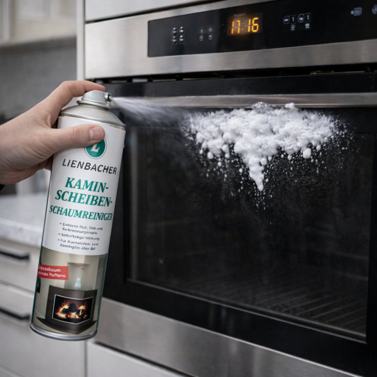 Schuim ruitenreiniger aangebracht op een oven