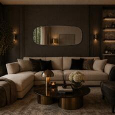 Organische spiegel Miranda verzilverd blank met horizontale vorm boven bank in moderne woonkamer