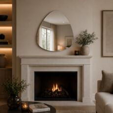 Organische spiegel Nicole verzilverd blank met zachte vorm boven schouw in lichte woonkamer