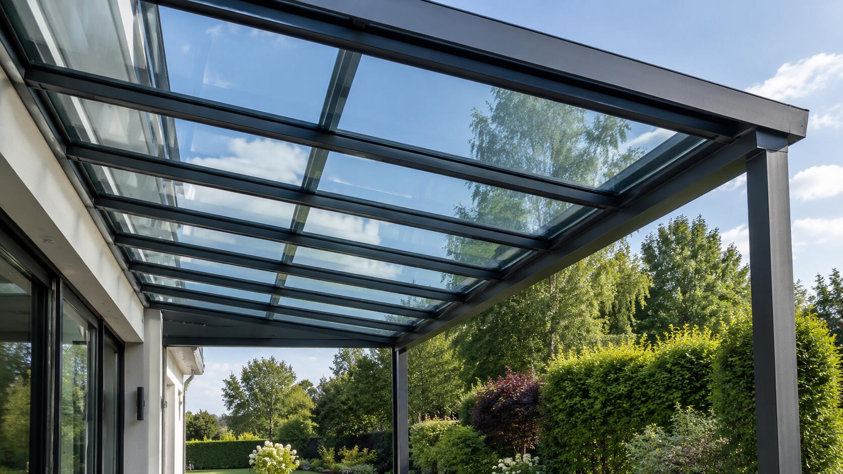 Glazen overkapping met veiligheidsglas en donkere draagprofielen