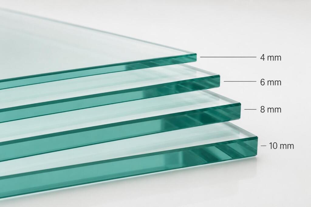 Verschillende glasdiktes van 4, 6, 8 en 10 mm naast elkaar
