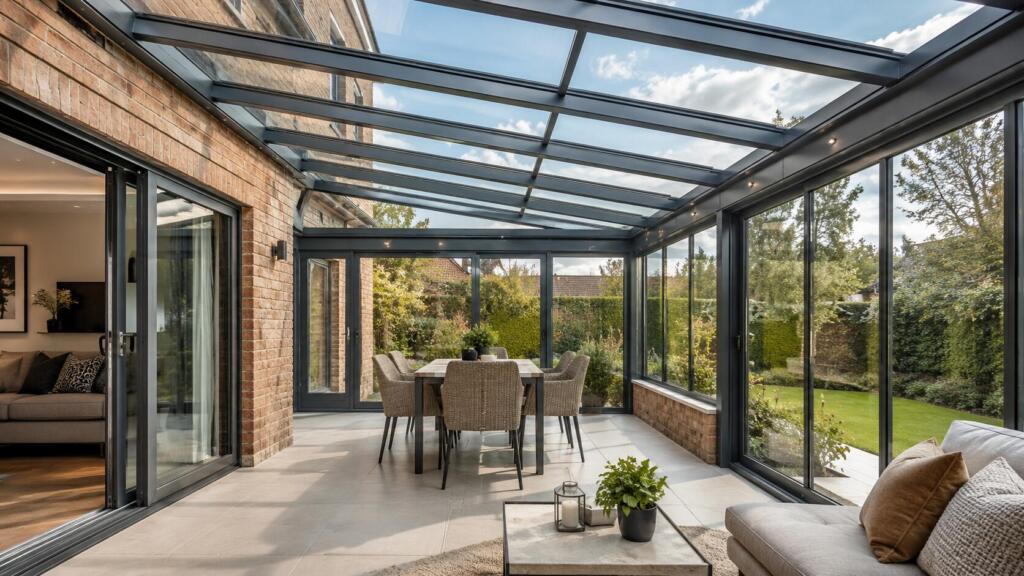 Verwarmde serre met isolatieglas in het glazen dak