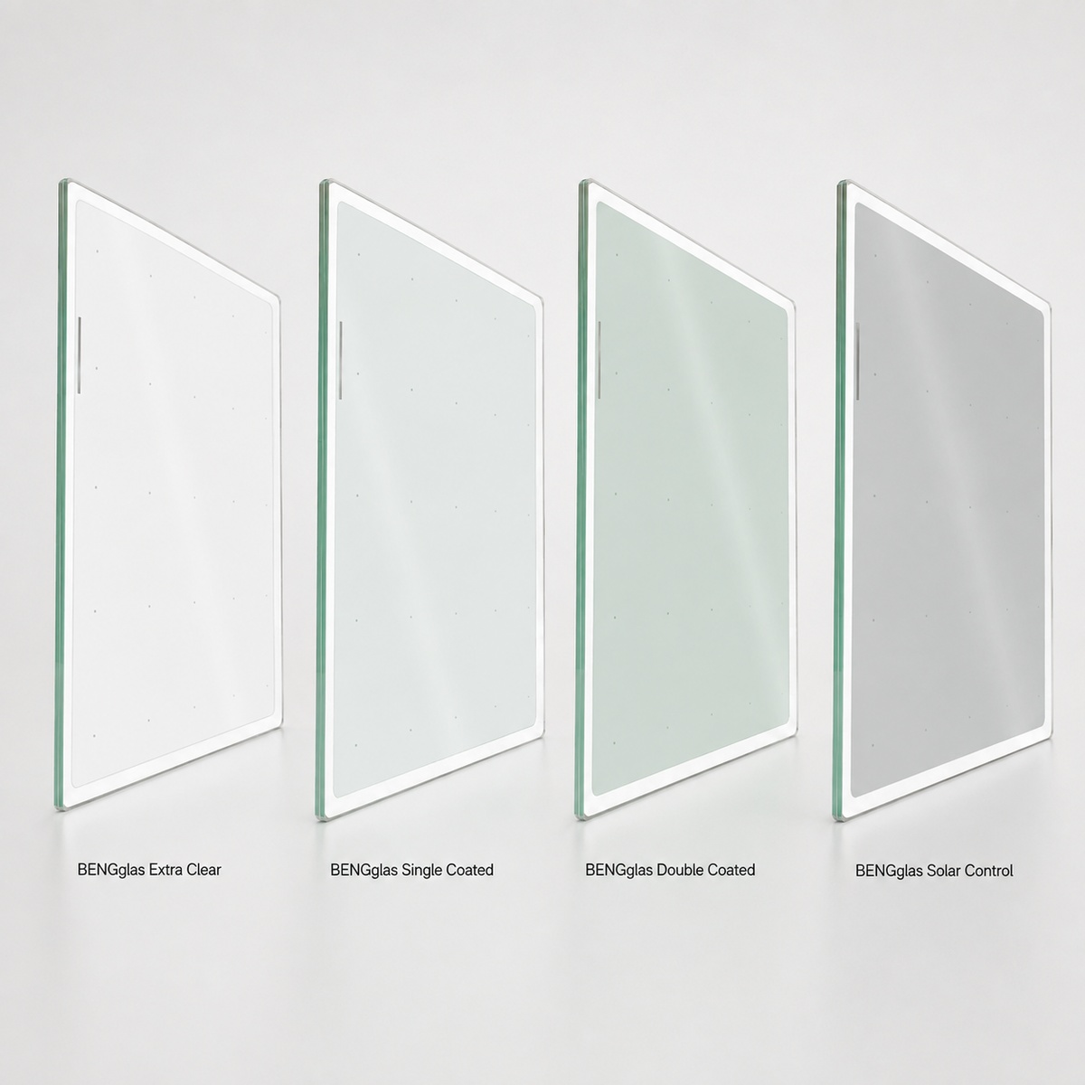 Vier uitvoeringen BENGglas vacuümglas: Extra Clear, Single Coated, Double Coated en Solar Control.
