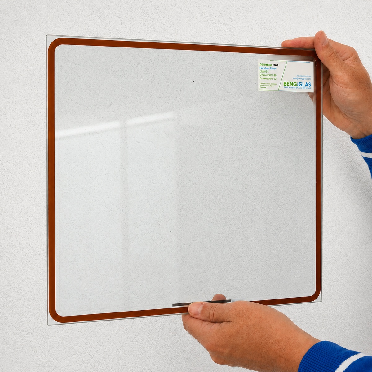 BENGglas vacuümglas met oranje randafdichting, micro-afstandhouders en absorptiestrip, vastgehouden voor schaalweergave.