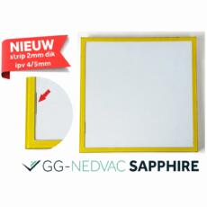 GG-Nedvac Sapphire vacuümglas met gele randafdichting en detailweergave van de nieuwe 2 mm randstrip.