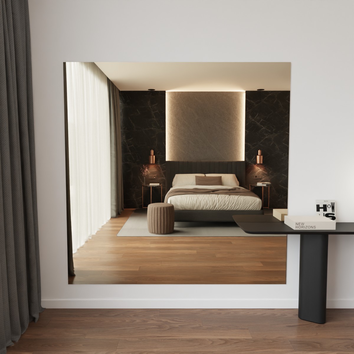 Brons gekleurde spiegel zonder lijst aan de muur in modern interieur