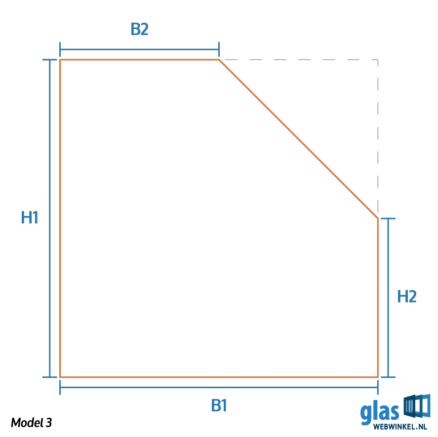 Model 3 - gehard glas schuine zijde rechts aflopend